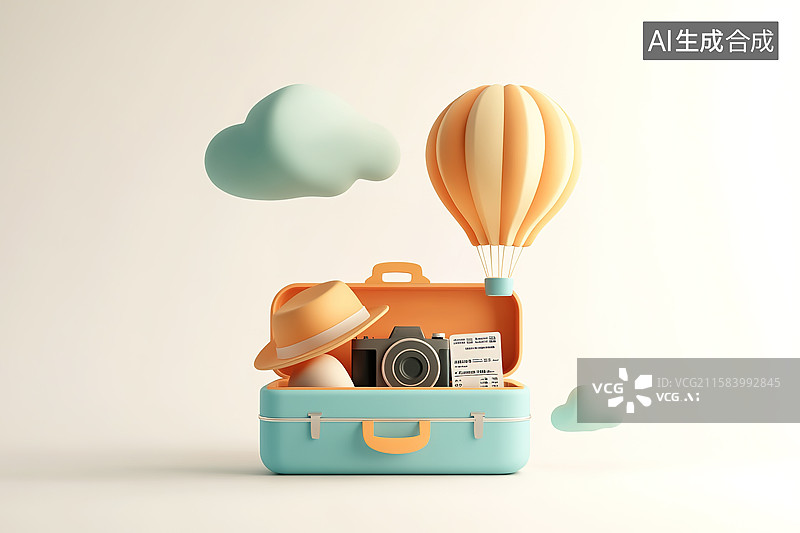 【AI数字艺术】3D卡通风格旅行箱热气球旅行概念插画图片素材