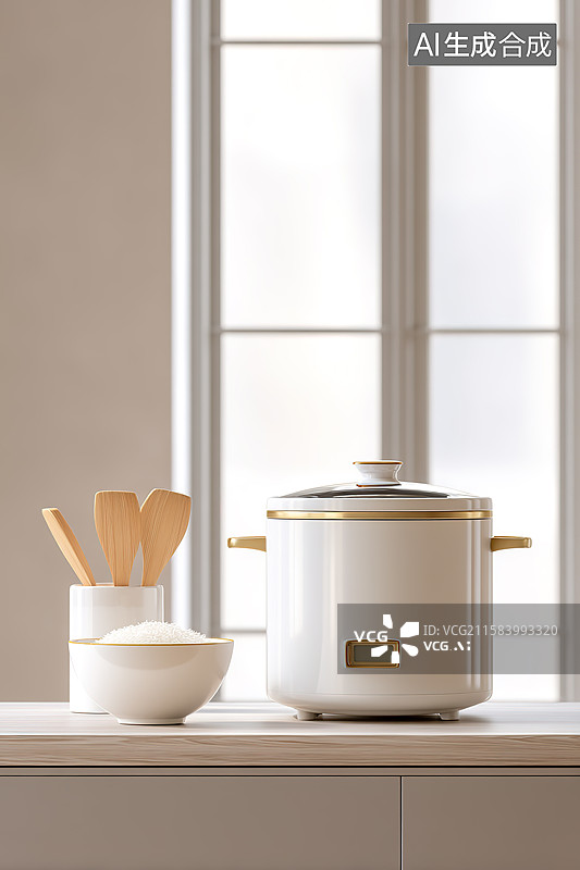 【AI数字艺术】暖色系厨房里的智能电饭煲、米饭和各类厨具图片素材