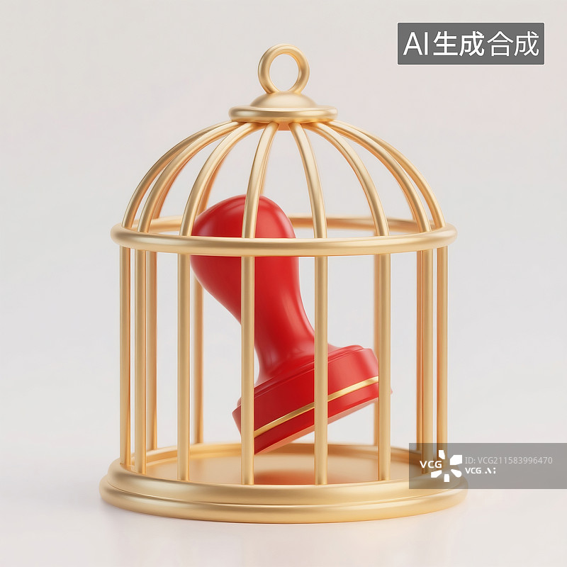 【AI数字艺术】3D渲染下置于巨大笼子中的红色公章图片素材