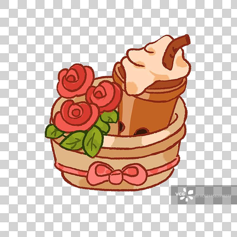 扁平卡通勾线元素奶茶和花图片素材