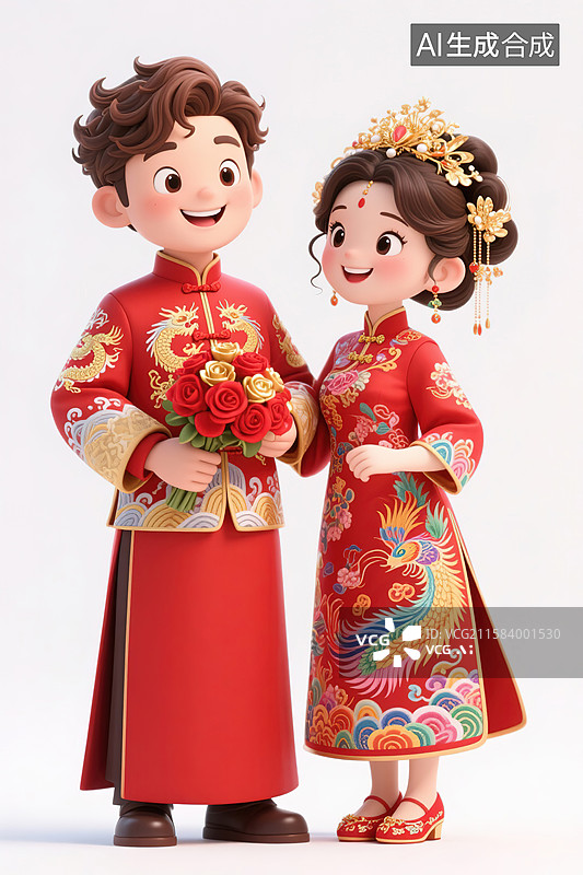 【AI数字艺术】穿着中式结婚礼服的新人3d插画图片素材
