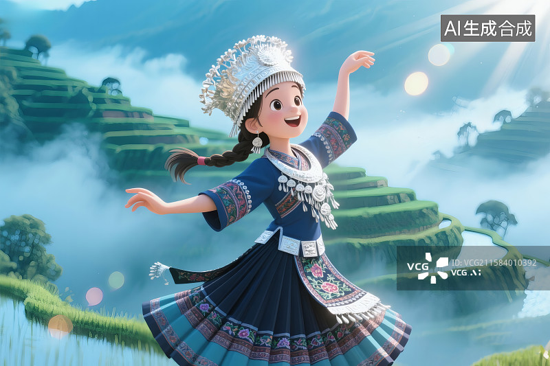【AI数字艺术】山谷间的梯田为背景，穿着苗族服饰的少女开心的载歌载舞图片素材