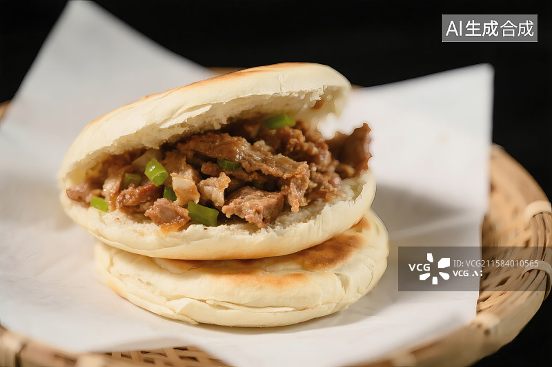 【AI数字艺术】竹篮中的陕西特色小吃肉夹馍图片素材