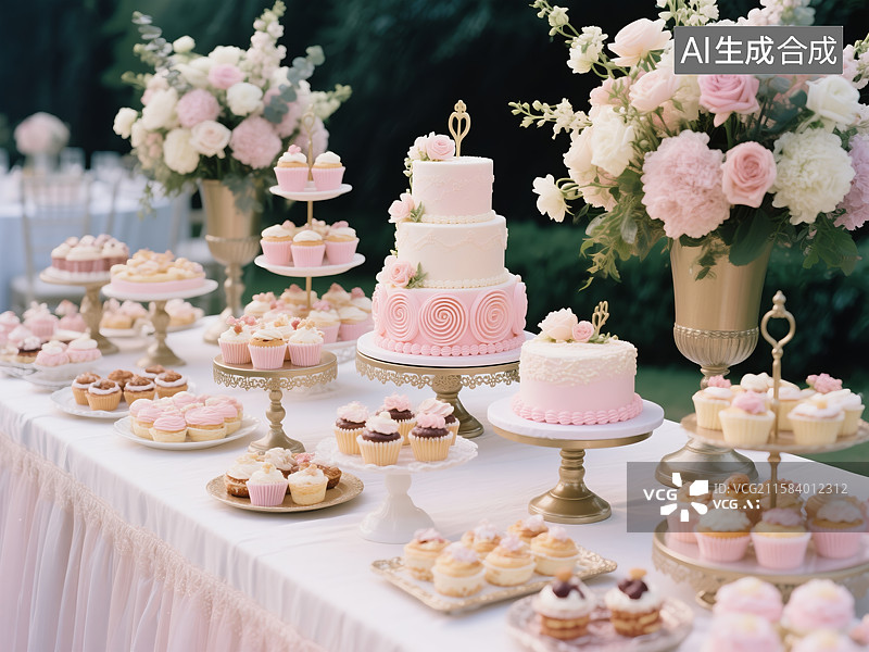 【AI数字艺术】浪漫粉色系婚礼甜品台图片素材