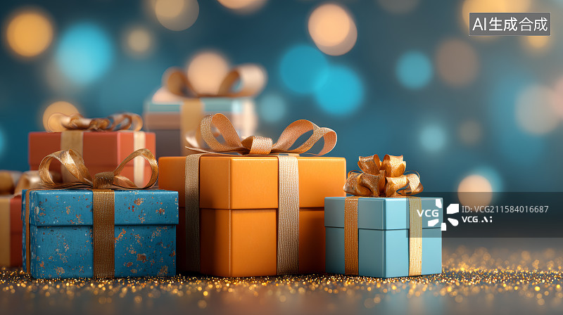 【AI数字艺术】节日礼物盒与金色装饰图片素材
