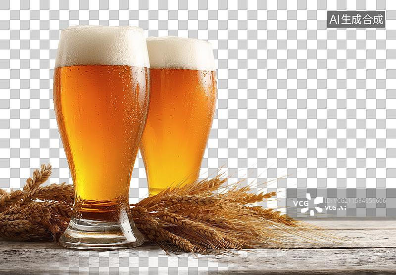 【AI数字艺术】两杯金黄色啤酒与麦穗图片素材