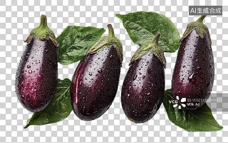 【AI数字艺术】带绿叶和水珠的新鲜紫茄子图片素材