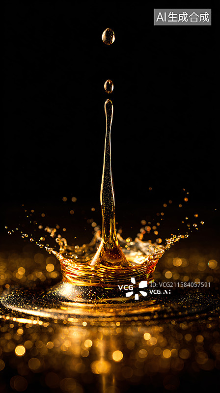 【AI数字艺术】金色液滴的瞬间之美图片素材