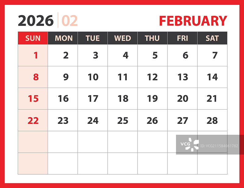 2026年日历设计，2026年2月图片素材