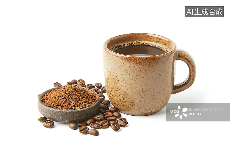【AI数字艺术】白色背景上的一杯咖啡和咖啡豆图片素材