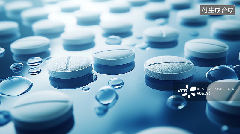 【AI数字艺术】蓝色背景上的药片与水滴图片素材