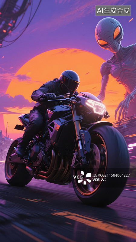 【AI数字艺术】未来骑士与外星人并肩疾驰图片素材