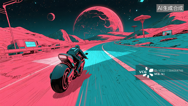 【AI数字艺术】未来摩托在霓虹赛道疾驰图片素材