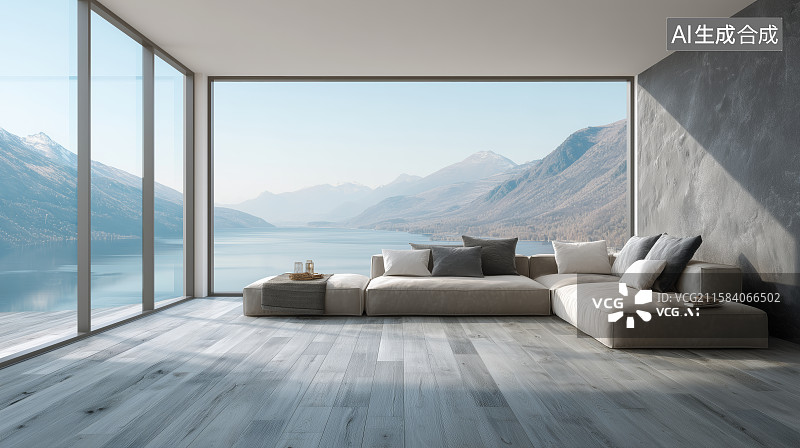 【AI数字艺术】现代客厅与湖山美景图片素材