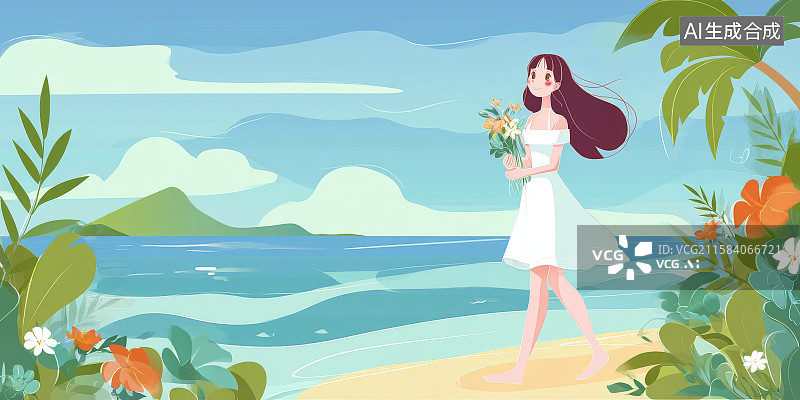【AI数字艺术】漫画海滩上的女孩图片素材