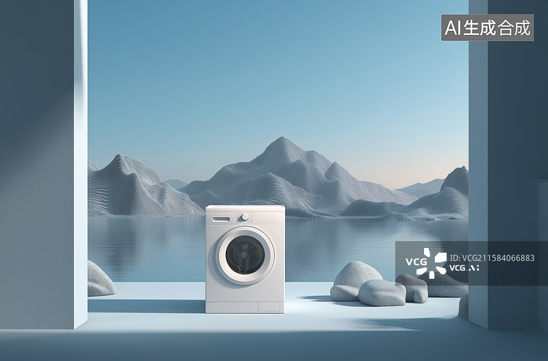 【AI数字艺术】窗边洗衣机与远山湖景图片素材