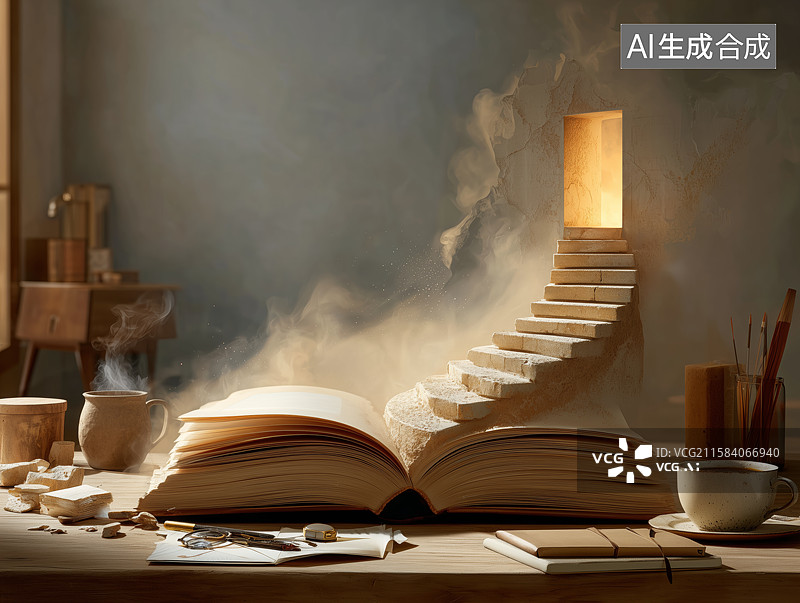 【AI数字艺术】书页化为阶梯，通向知识之光图片素材