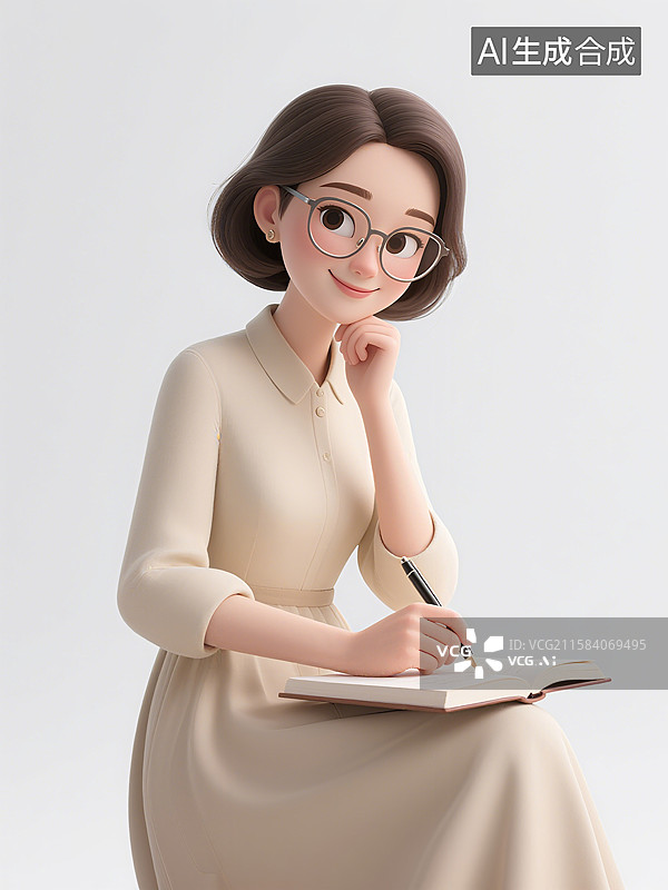 【AI数字艺术】一位戴眼镜的女士穿着浅色连衣裙，手托下巴，正在笔记本上写字图片素材