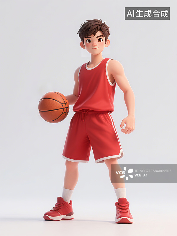 【AI数字艺术】一个穿着红色篮球服的小男孩手持篮球，准备投篮图片素材