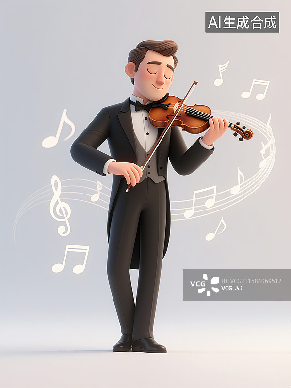 【AI数字艺术】一位穿着燕尾服的男士正在演奏小提琴，周围环绕着音乐符号图片素材