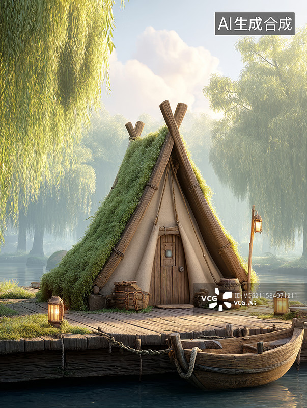 【AI数字艺术】湖畔草屋静谧景图片素材
