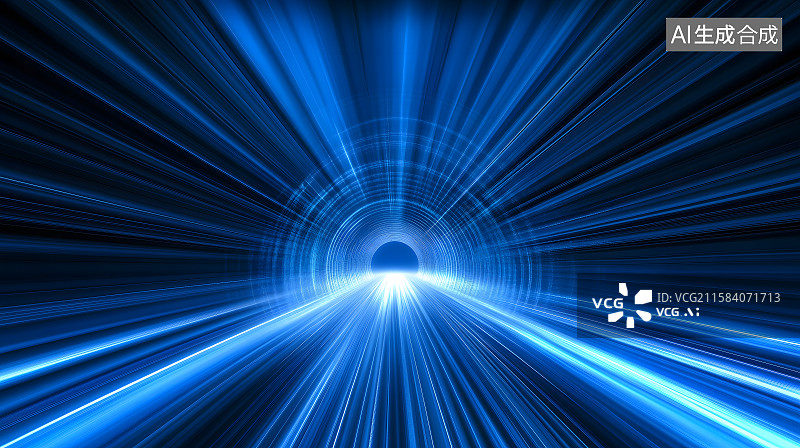 【AI数字艺术】3D渲染技术信息隧道，深蓝抽象发光背景，有光梭的蓝色圆形隧道图片素材