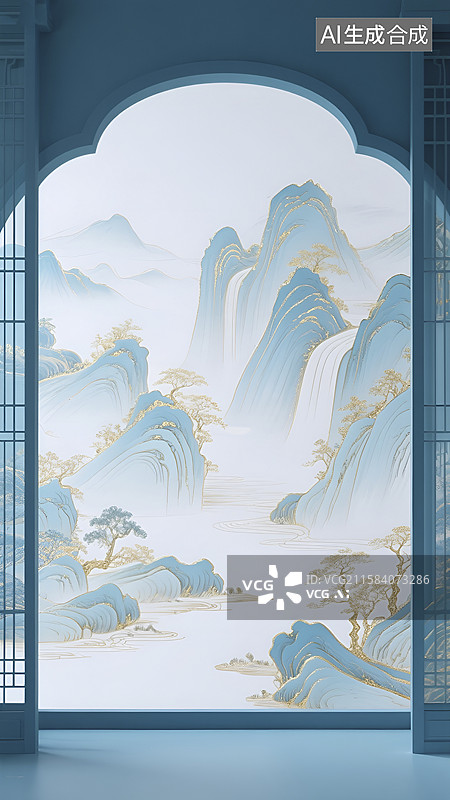 【AI数字艺术】中式拱门内的山水景观画面图片素材