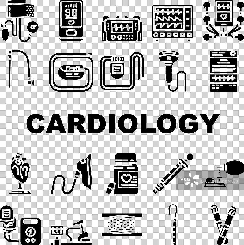 心脏病学配件心电图霍尔特图标集图片素材