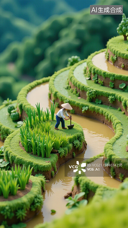 【AI数字艺术】山区农民耕作翠绿梯田稻田景象图片素材