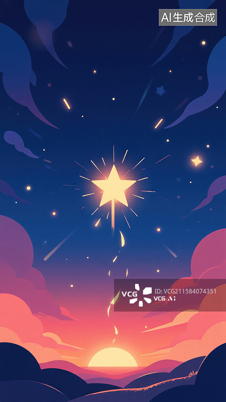 【AI数字艺术】夜空中坠落的金色星星与绚烂云彩图片素材