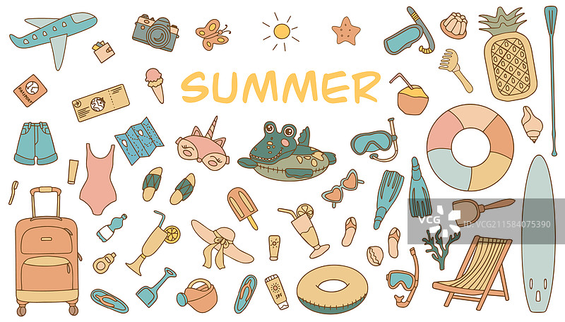 五彩缤纷的海滩配件和物品涂鸦风格图片素材