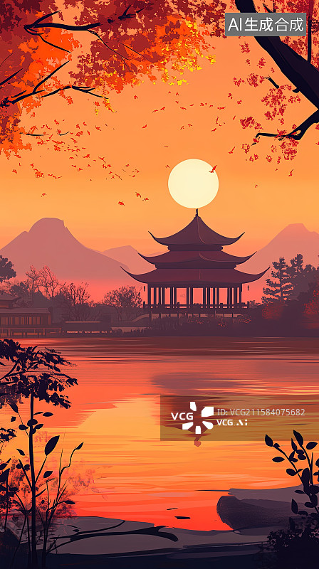 【AI数字艺术】日落晚霞夕阳下的湖边水榭楼台枫叶鲜花古建筑风景插画图片素材
