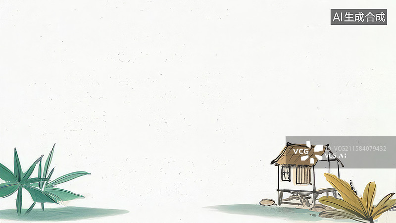 【AI数字艺术】水墨画两侧-壁纸背景-简笔画风格的小屋与植物图片素材