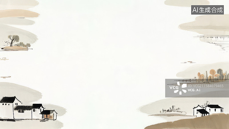 【AI数字艺术】水墨画两侧-壁纸背景-水墨风格的乡村与云层图片素材
