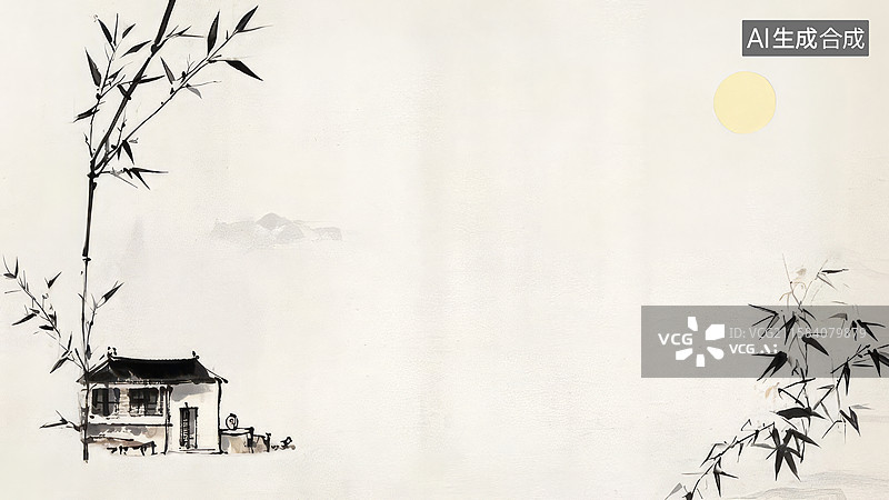 【AI数字艺术】水墨画两侧-壁纸背景竹影小屋，夕阳映照图片素材