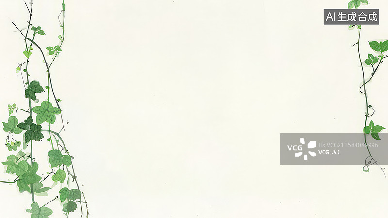 【AI数字艺术】水墨画两侧-壁纸背景-藤蔓绿叶边框设计图片素材