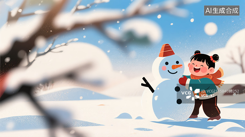【AI数字艺术】冬天在堆雪人的小孩插画图片素材