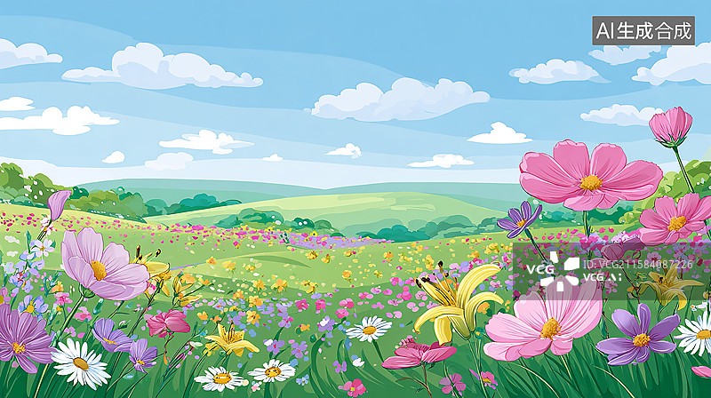 【AI数字艺术】田园风光，花田花海插画图片素材