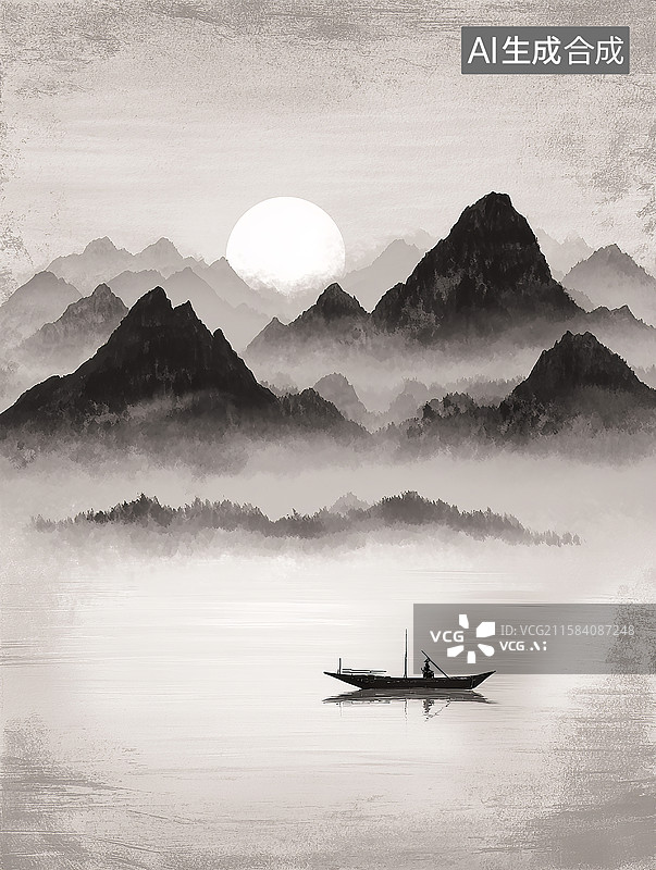 【AI数字艺术】水墨山水间的孤舟图片素材