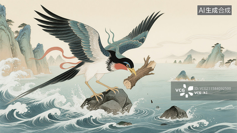 【AI数字艺术】古代神话传说故事，山海经，精卫填海插画图片素材
