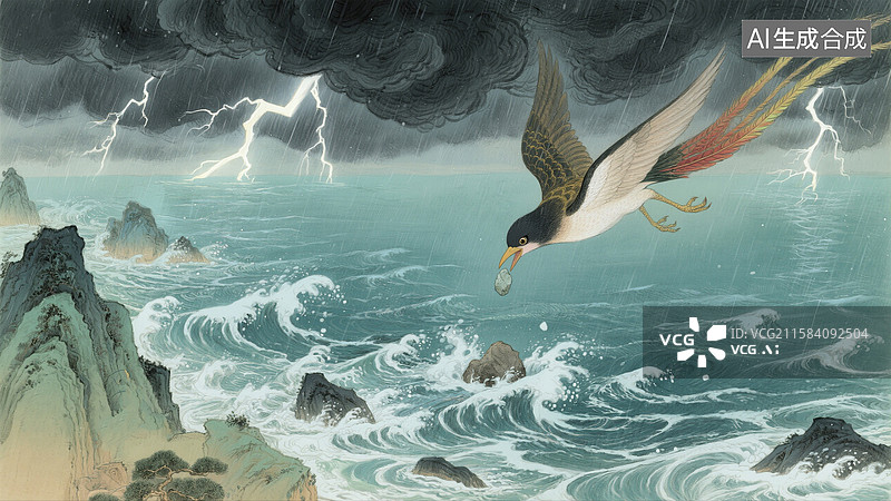 【AI数字艺术】古代神话传说故事，山海经，精卫填海插画图片素材