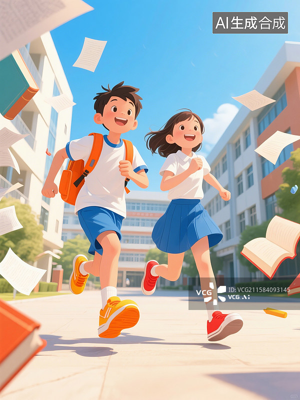 【AI数字艺术】快乐开学季校园中奔跑的活力男生女生矢量风插画图片素材