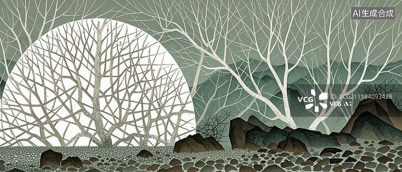 【AI数字艺术】月光下的枯树与山峦图片素材