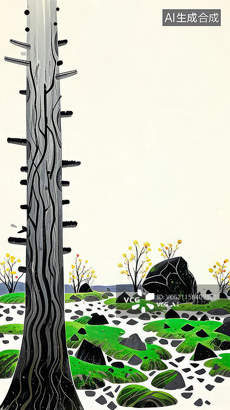 【AI数字艺术】枯树与绿苔覆盖的岩石景观图片素材