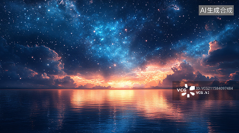 【AI数字艺术】星空下的静谧水面图片素材