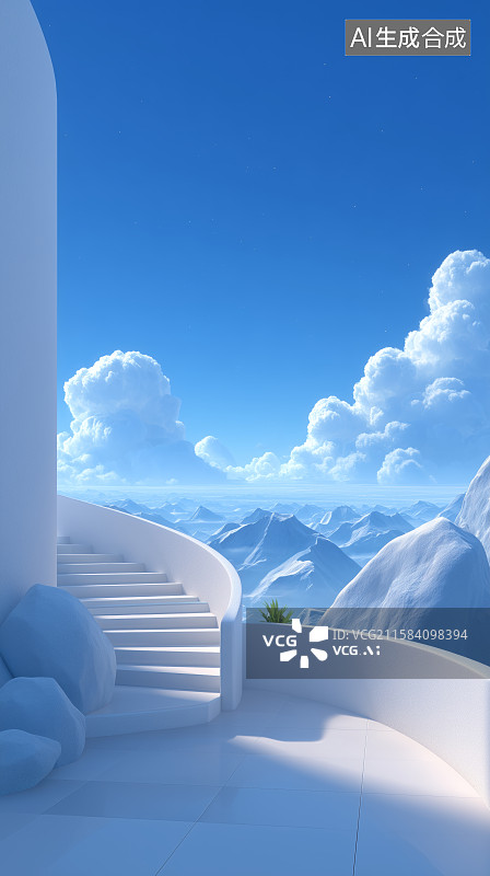 【AI数字艺术】阶梯与蓝天白云的梦幻场景图片素材