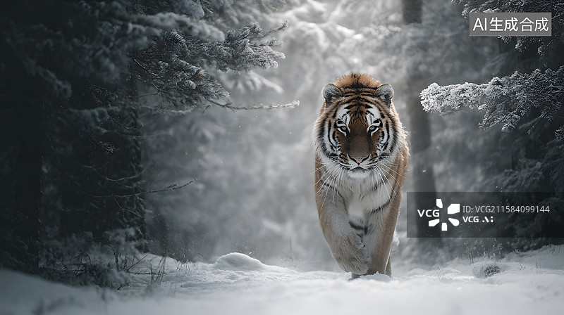 【AI数字艺术】老虎在雪中前行图片素材