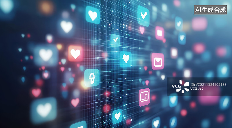 【AI数字艺术】社交媒体图标与光点交织的科技背景图片素材