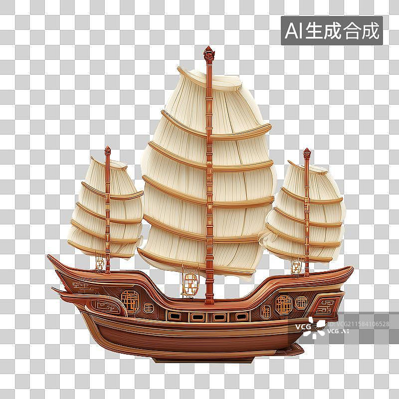 【AI数字艺术】传统中国帆船：多彩帆影水上航行图片素材