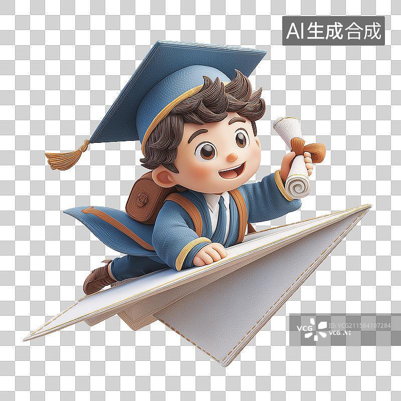 【AI数字艺术】戴学士帽男孩乘纸飞机飞行图片素材